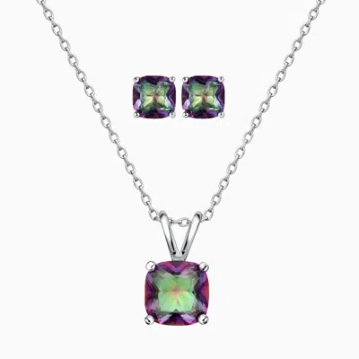 Pori Jewelry Sterling Silver Mystic Topaz 6mm Solitaire Necklace & Stud Set Cushion