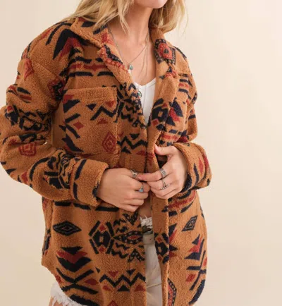 Blue B Melody Soft Sherpa Aztec Print Button Up Jacket In Sienna In Gold