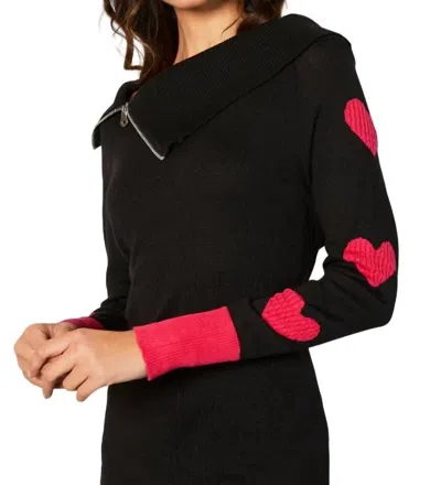French Kyss Zip Ribbed Cowl Neck With Heart Detail In Black/rose In Multi