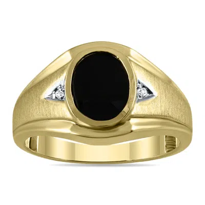 Sselects Men's 10k Yellow Gold Ring With An Oval Onyx And 2 Diamonds