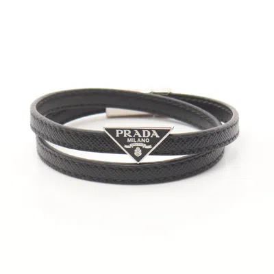 Prada Double Chain Bracelet Saffiano Leather  Logo Plate In Black