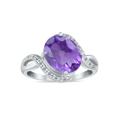 Sselects Oval Shaped Amethyst And Diamond Curve Ring In 10k White Gold