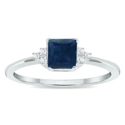 Sselects Women's Princess Cut Sapphire And Diamond Half Moon Ring In 10k White Gold