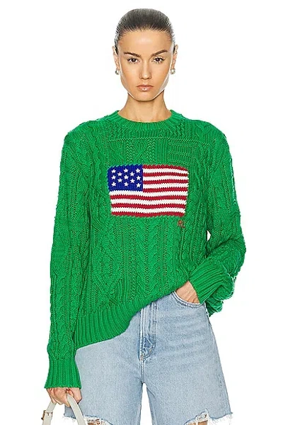 Polo Ralph Lauren Aran-knit American Flag Jumper In Stem Green