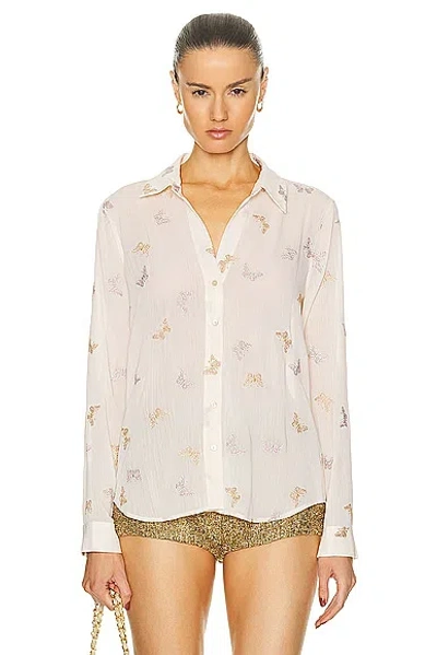 L Agence Laurent Metallic Butterfly Blouse In Ecru Multi Small Butterfly Embroidery