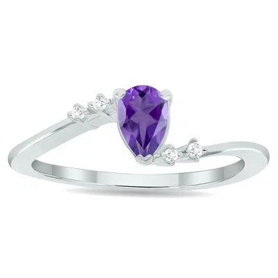 Sselects Women's Pear Shaped Amethyst And Diamond Wave Ring In 10k White Gold