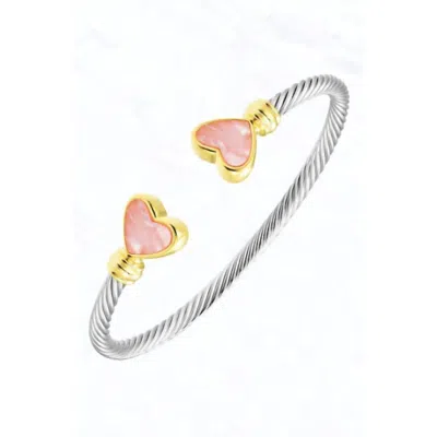 Suzie Q Usa Women's Twisted Cable Open Bracelet With Hearts In Pink