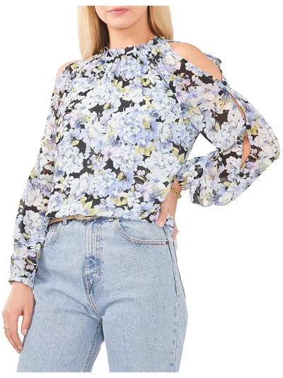 Vince Camuto Womens Floral Print Ruffle Neck Blouse In Blue