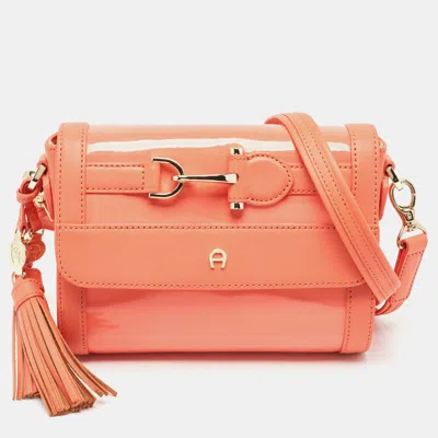 Aigner Peach Patent And Leather Clasp Flap Shoulder Bag In Orange
