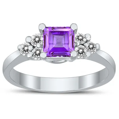 Sselects Princess Cut 5x5mm Amethyst And Diamond Duchess Ring In 10k White Gold