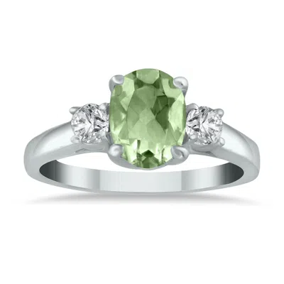 Sselects Green Amethyst And Diamond Three Stone Ring 14k White Gold
