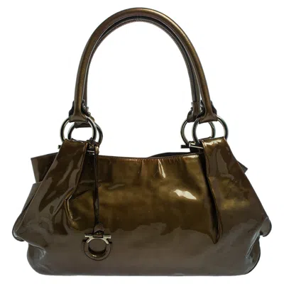 Ferragamo Olive Patent Leather Shoulder Bag In Green