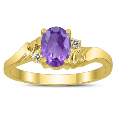 Sselects 7x5mm Amethyst And Diamond Wave Ring In 10k Yellow Gold