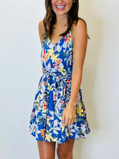 Skies Are Blue Floral Dress With Braided Tie In Blue In Multi