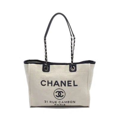 Pre-owned Chanel Deauville Chain Shoulder Bag Chain Tote Bag Straw Leather Offnavy Silver Hardware In Multi