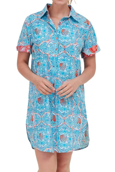 Modaposa Gabriella Short Sleeve Dress In Blue Vetri Fish In Multi