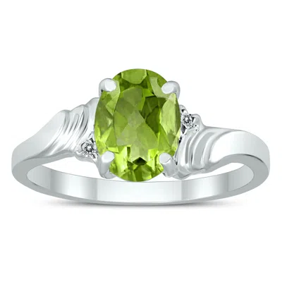 Sselects 8x6mm Peridot And Diamond Wave Ring In 10k White Gold