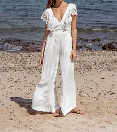 Scarlett Poppies Morning Pause Broderie Anglaise Ruffle Jumpsuit In Simply White In Beige