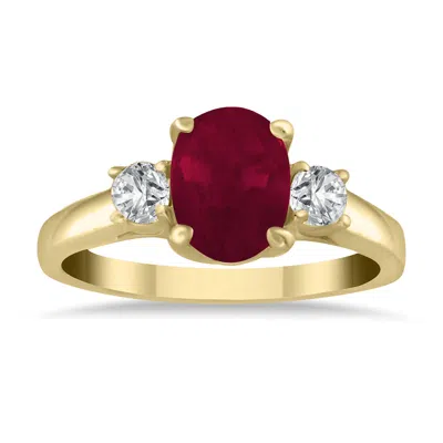Sselects 1.35 Carat Ruby And Diamond Three Stone Ring In 14k Yellow Gold
