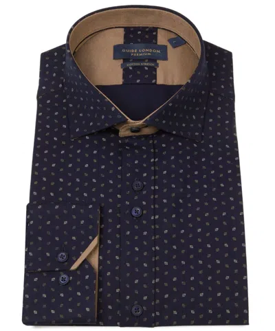 Guide London Men's Long Sleeve Geometric Print Shirt In Navy & Tan In Blue