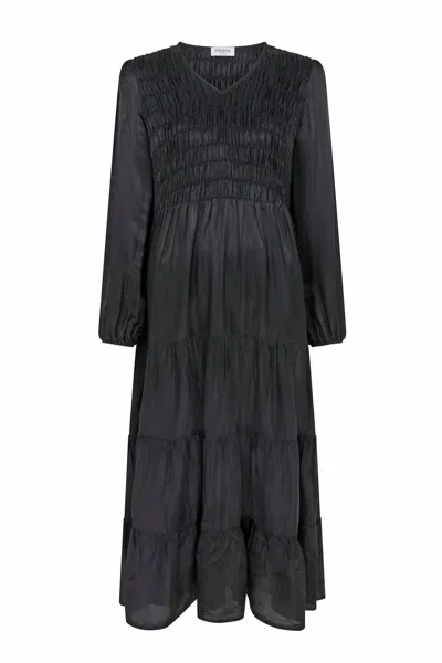 Fresha London Shirred Tiered Dress In Black In Grey