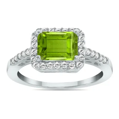 Sselects 2 1/2 Carat Tw Emerald Cut Peridot Diamond Ring In 10k White Gold
