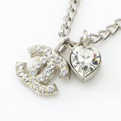 Pre-owned Chanel Coco Mark Heart Necklace Rhinestone Silver Clear 04a In Multi