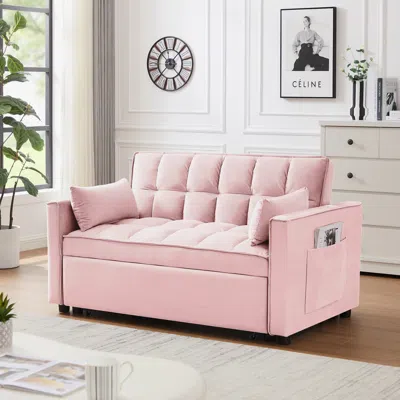 Simplie Fun Modern Velvet Loveseat Futon Sofa Couch W/pullout Bed In Pink