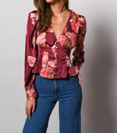 Hutch Britt Pintucked Top In Wine Vining Painted Floral In Multi