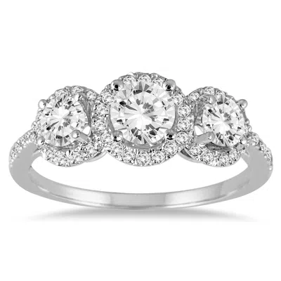 Sselects 1 1/3 Carat Tw Diamond Three Stone Halo Ring In 14k White Gold