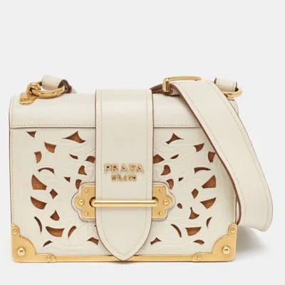 Prada Offcity Calf And Saffiano Leather Laser Cut Cahier Flap Shoulder Bag In White