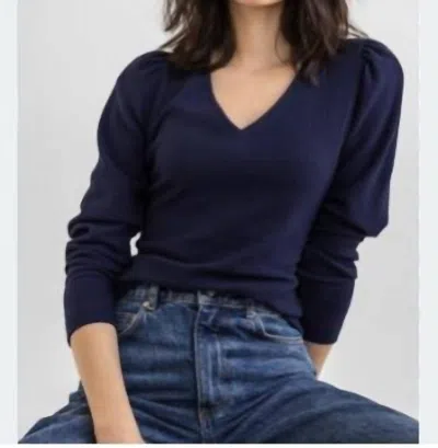 Lilla P Puff Sleeve Waffle V-neck Top In Navy In Blue