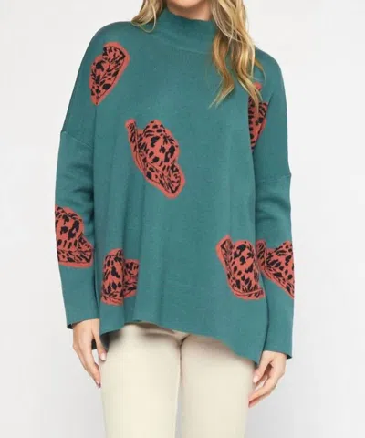 Entro Alexandra Cowboy Hat Mock Neck Long Sleeve Sweater Top In Forest In Green
