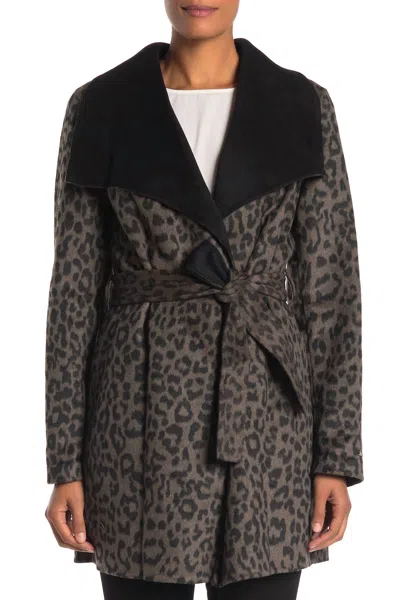 T Tahari Ella Double Faced Wool Wrap Belted Coat In Leopard In Grey