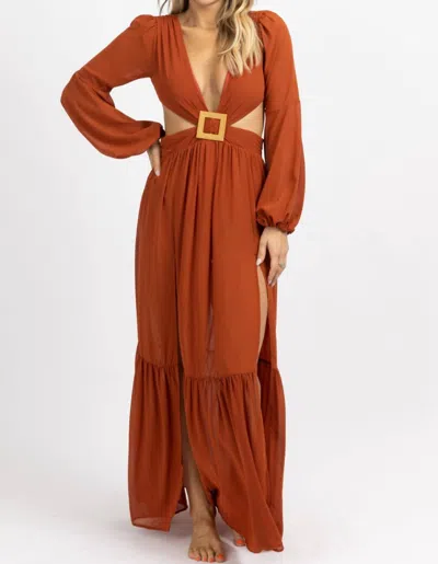 Luxxel Square Trim High Slit Maxi Dress In Rust In Brown