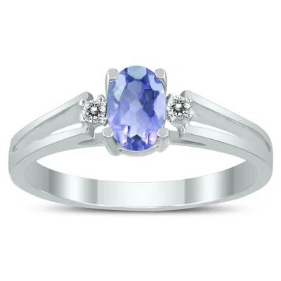 Sselects 6x4mm Tanzanite And Diamond Open Three Stone Ring In 10k White Gold