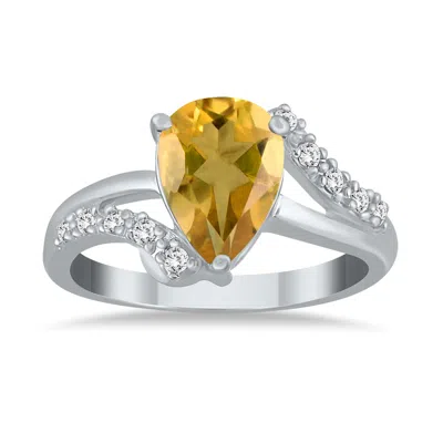 Sselects Pear Shaped Citrine And Diamond Ring In 10k White Gold