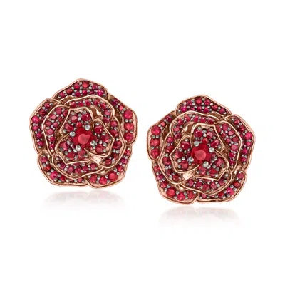 Ross-simons Ruby Flower Earrings In 18kt Rose Gold Over Sterling In Red