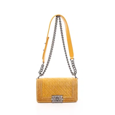 Pre-owned Chanel Boy  Small Chevron V-stitch Chain Shoulder Bag Velor Leather Antique Silver Hardware In Yellow