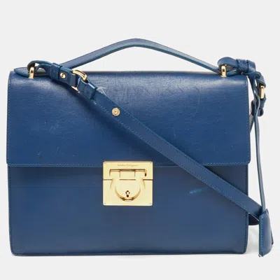 Ferragamo Navy Leather Gancio Lock Shoulder Bag In Blue