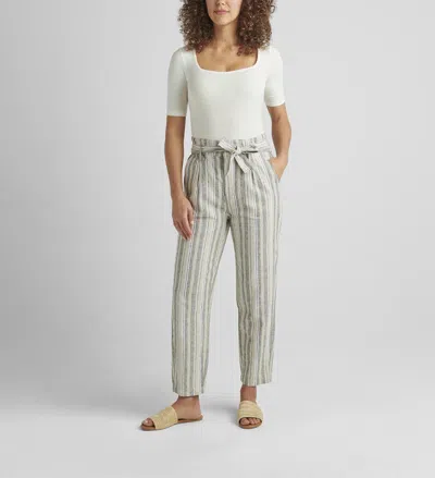 Jag Belted Pleat High Rise Tapered Leg Pant In Linen Stripe In Silver