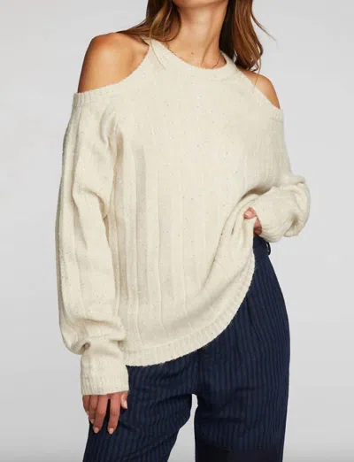 Chaser Sequin Knit Cold Shoulder Sweater In Cream In White