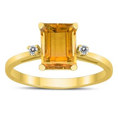 Sselects Emerald Cut 8x6mm Citrine And Diamond Three Stone Ring In 10k Yellow Gold