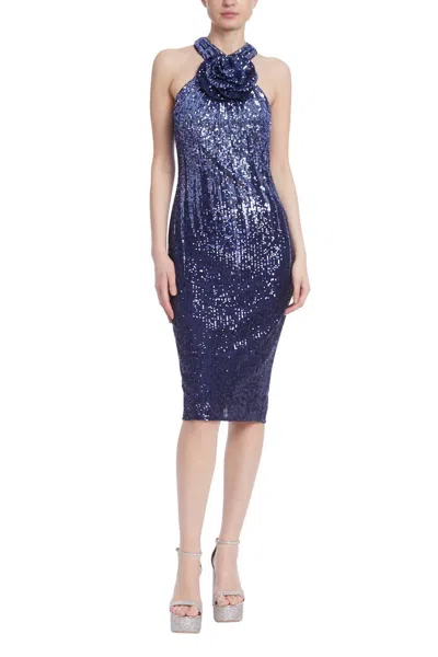 Badgley Mischka Ombre Sequined Rosette Neck Cocktail Dress In Purple