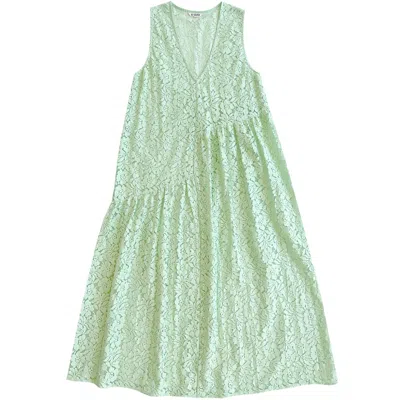 Ali Golden Lace V Neck Dress W/ Gathers In Green In Blue