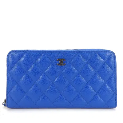 Pre-owned Chanel Zip Around Wallet Leather Wallet () In Blue