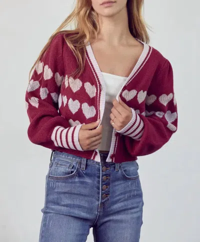 Merci Heart Button-front Cardigan In Burgundy Lavender Combo In Multi