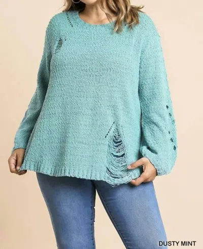 Umgee Distressed Plus Sweater In Blue