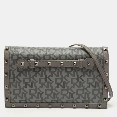 Dkny Signature Coated Canvas Studded Flap Shoulder Bag In Grey