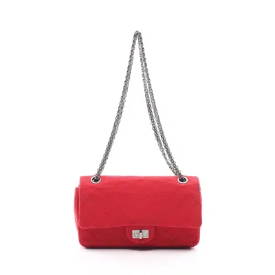 Pre-owned Chanel 2.55 Matelasse W Flap W Chain Shoulder Bag Canvas Silver Hardware In Red